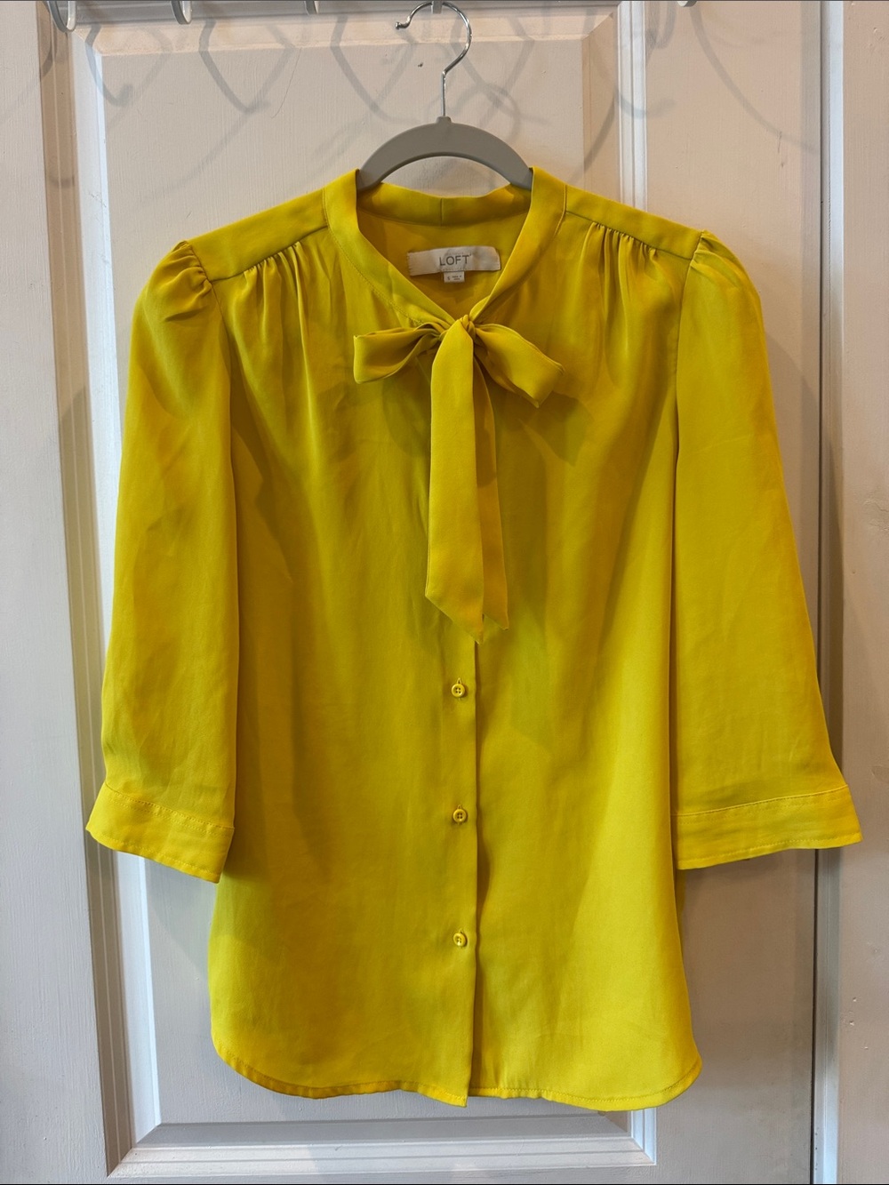 Ann Taylor LOFT Vibrant Yellow Bow Collar Tie-Neck Button Down Blouse